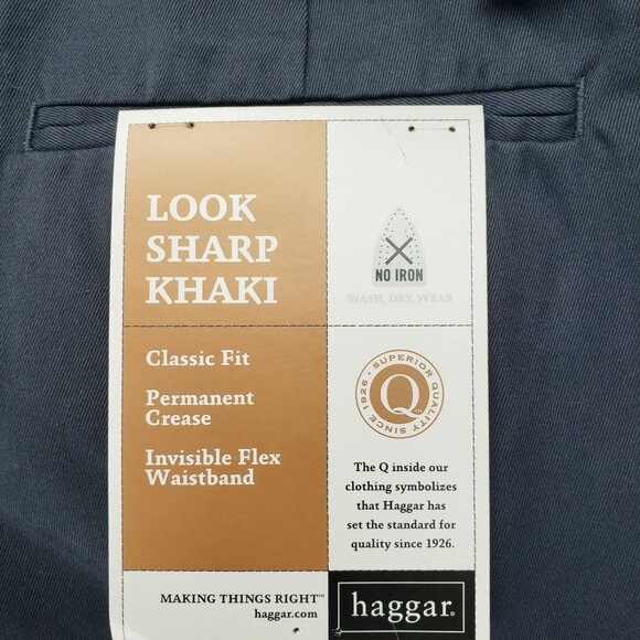 Haggar Pant Men 40x31Pleated Cuffed Invisible Flex Waistband Dark Navy Khaki NWT - Picture 3 of 11